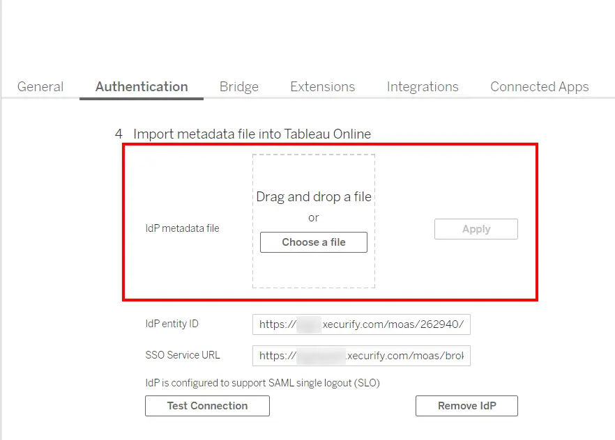 Tableau Online Single Sign-On (SSO): Import IDP metadata file